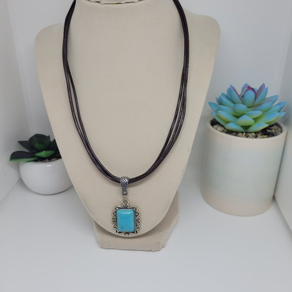3 Strand Distressed Leather Necklace with Turquoise Pendant with scroll detail - Picture 1 of 7